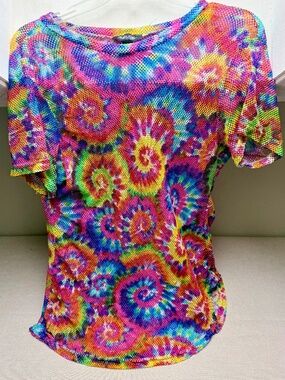 Vintage Y2K Rainbow Tie Dye Mesh Top Hippie Boho Retro